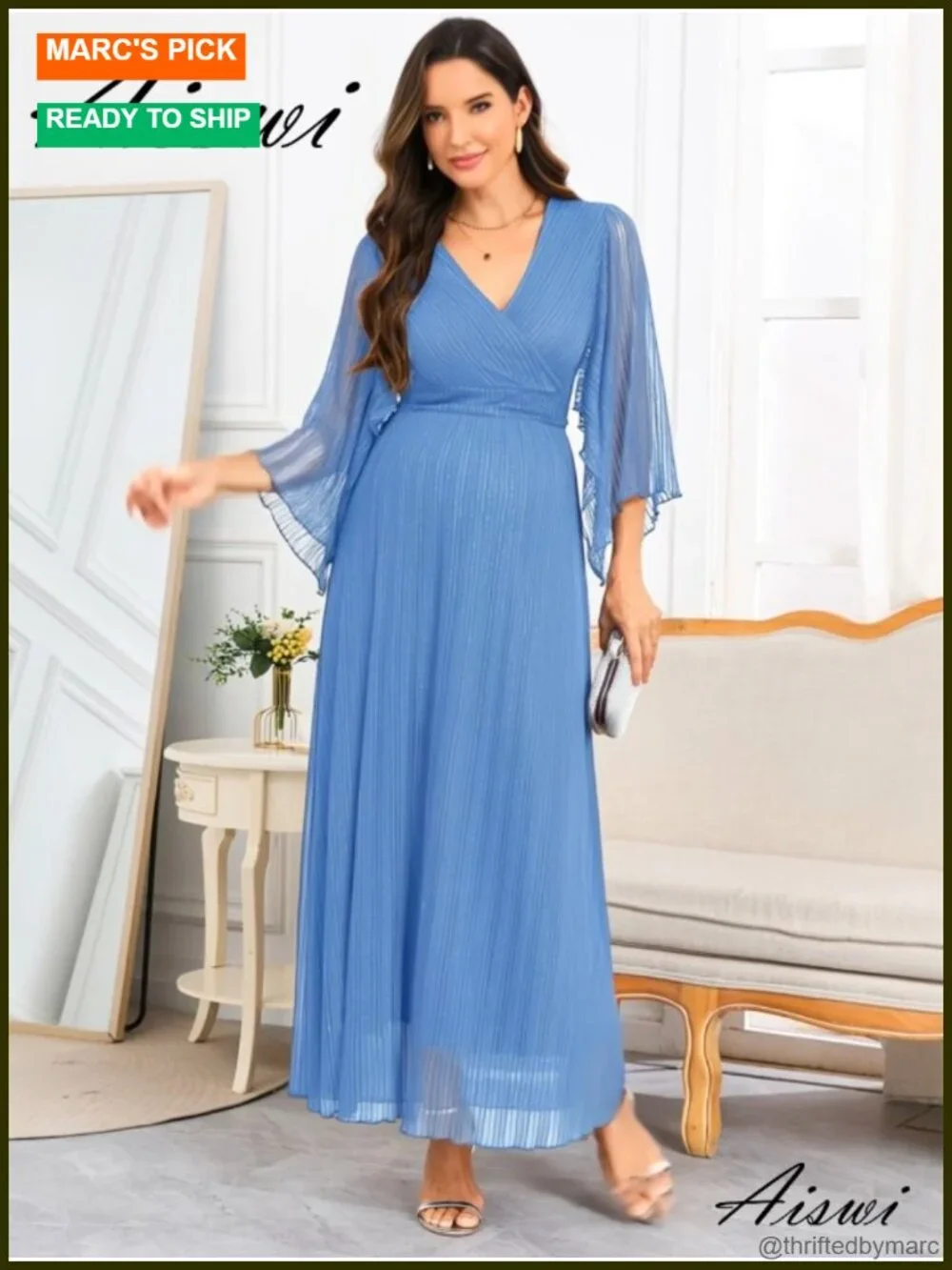 Maternity Sparkly Mesh Maxi Dress Handkerchief Sleeves Wrap V Neck Flowy Baby